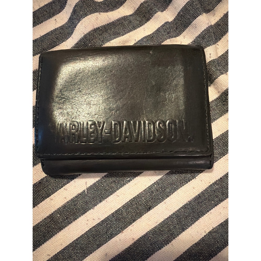Harley-Davidson Mens Black Full Grain Leather Trifold Wallet 99450-06V Embossed